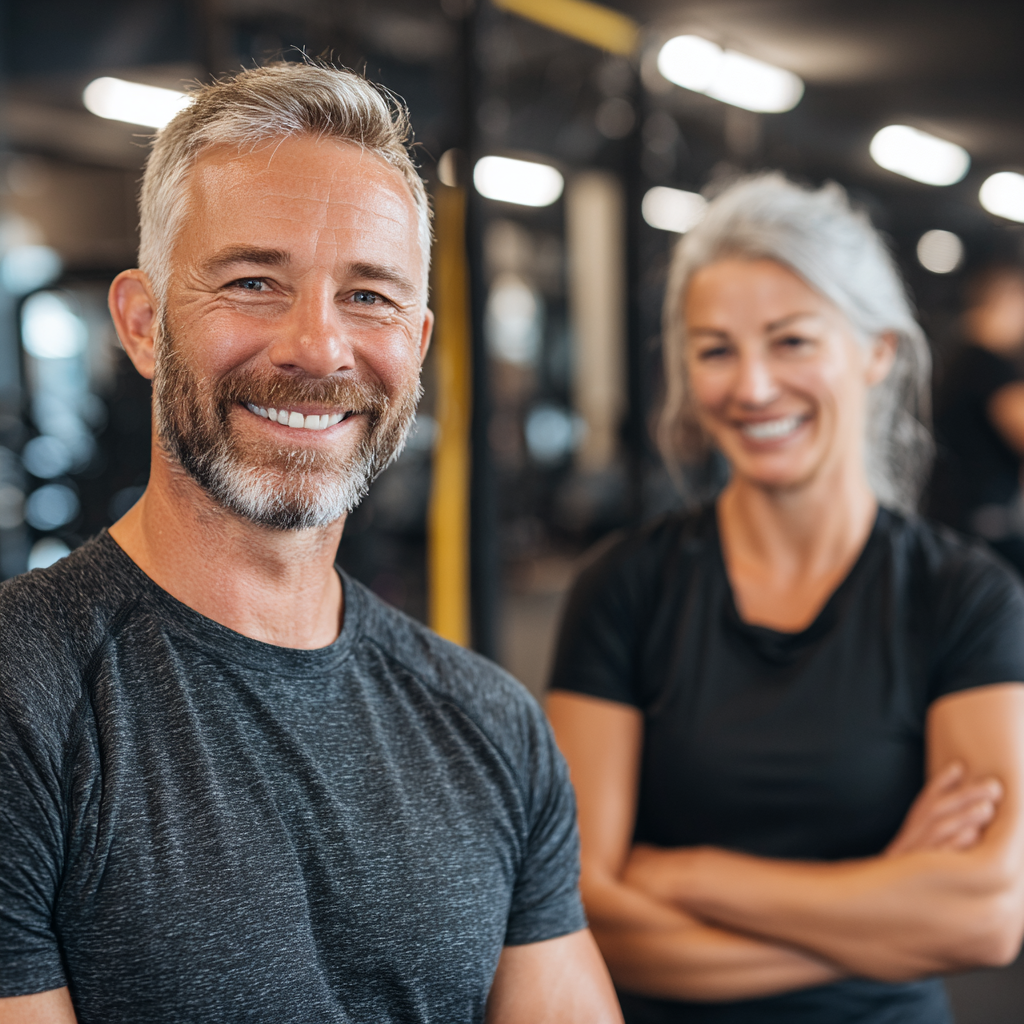 experienced fitness trainers and middle-aged clients in modern gym environment