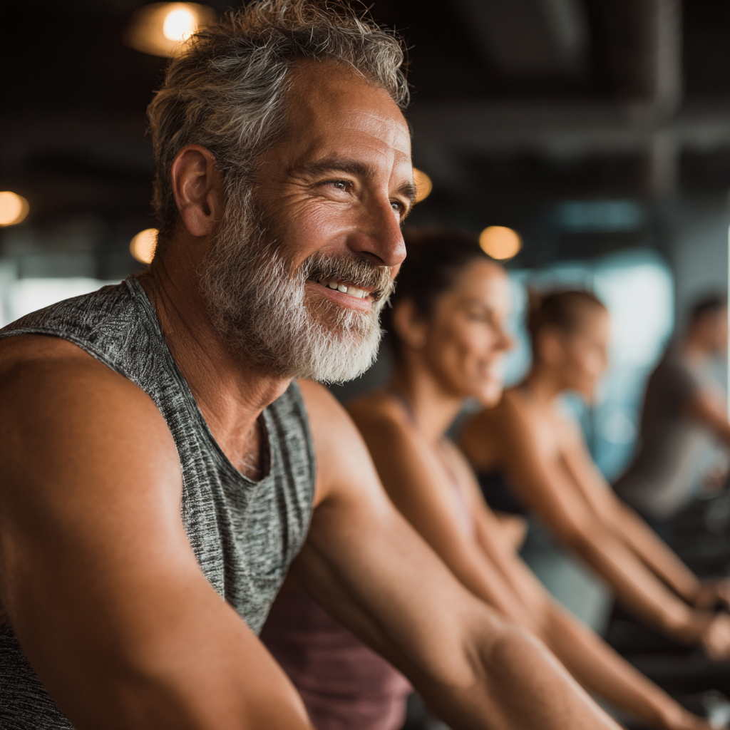 middle-aged adults working out in modern fitness studio